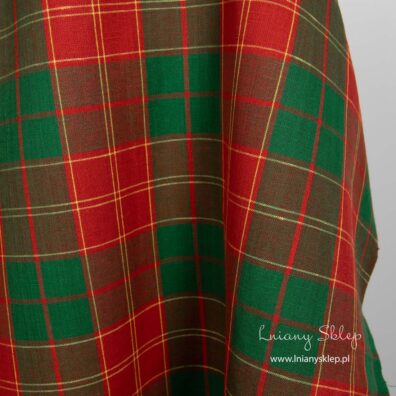 Lniano - bawełniana tkanina kratka czerwona i zielona. Lniany Sklep.
