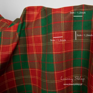 Lniano - bawełniana tkanina kratka czerwona i zielona. Rozmiar kratek.