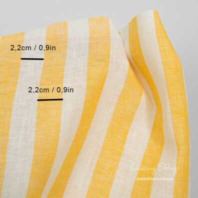 Lniana tkanina w żółte i białe pasy. Lniany Sklep.