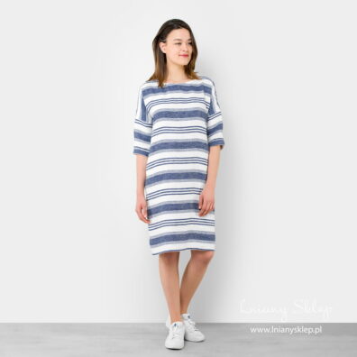 Sukienka lniana w niebieskie pasy. Rękaw 3/4.