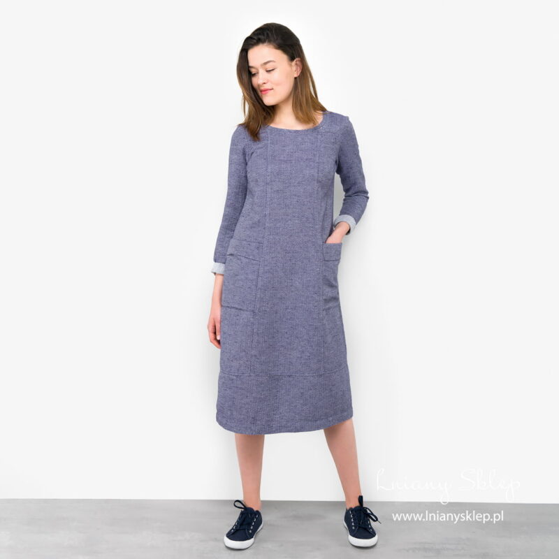 Sukienka granatowa pstra lniana &bdquo;Berta&rdquo;.