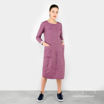 Sukienka fioletowa w bordo lniana. Długość za kolana.