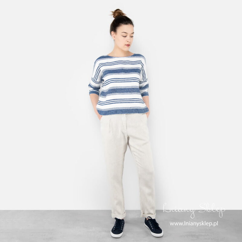 Lniane jasnoszare spodnie.