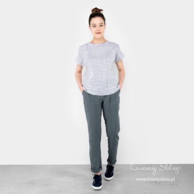 Lniane szare spodnie damskie.