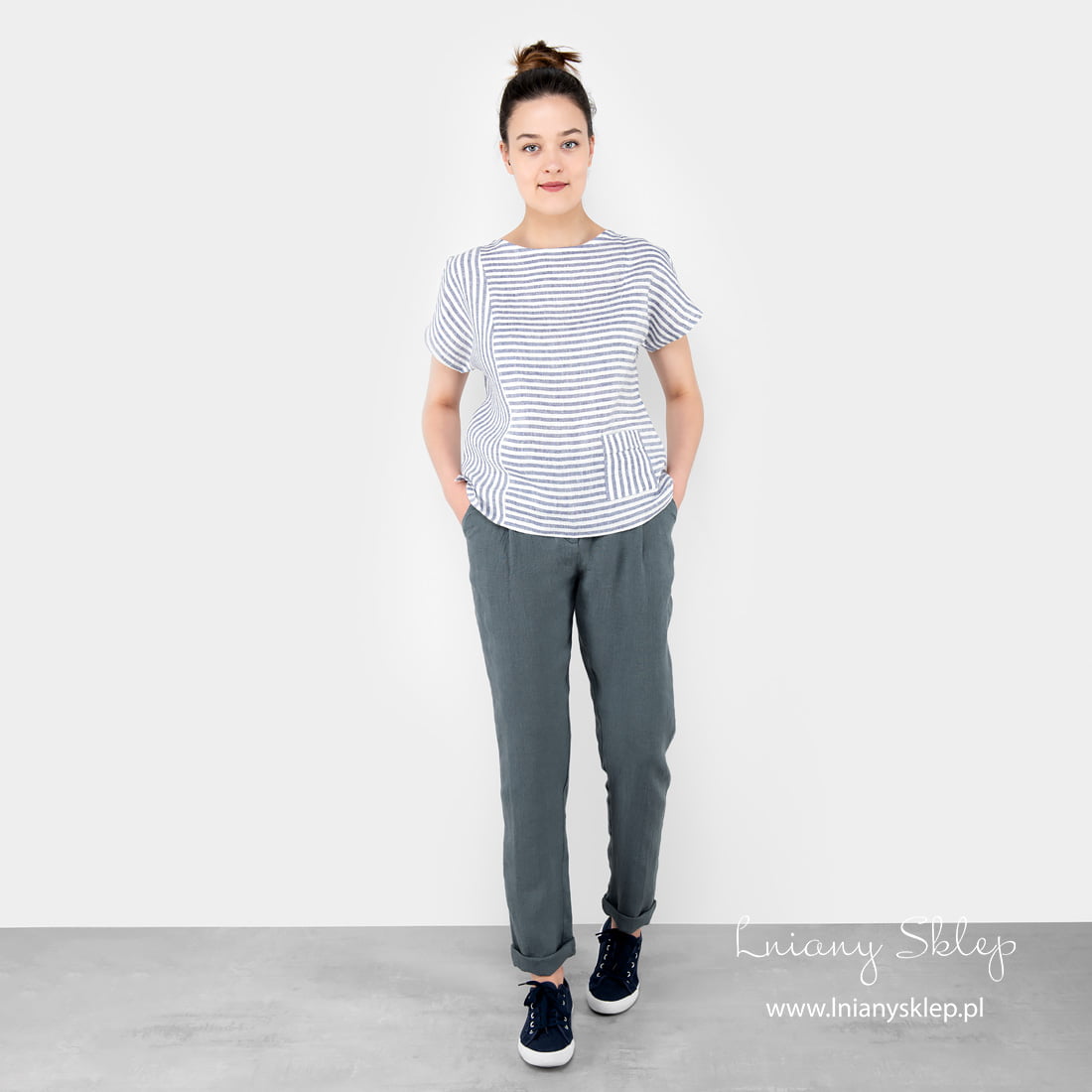 Lniane szare spodnie damskie.