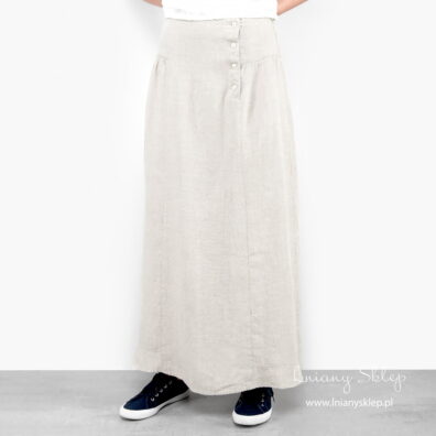 Jasna spódnica lniana. Zapięcie na guziki na jednym z boków.
