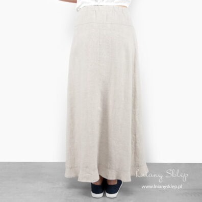 Jasna spódnica lniana. Gumka w okolicy talii z tyłu.