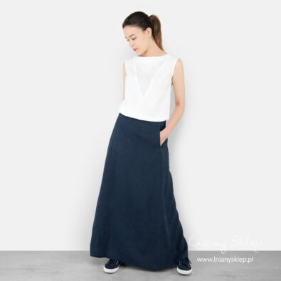 Lniana maxi spódnica granatowa z kieszeniami.