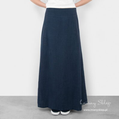 Granatowa spódnica. Pionowe szwy z przodu.