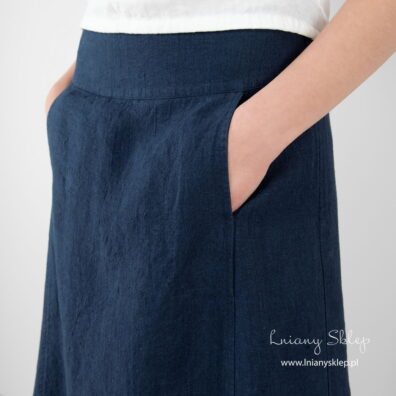 Granatowa lniana spódnica. Kieszenie.