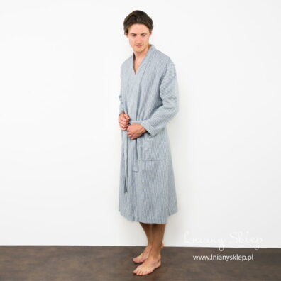 Lniany szlafrok męski szary w paski. Lniany Sklep.
