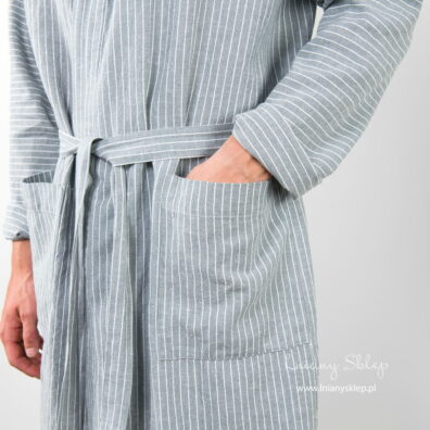 Lniany szlafrok męski szary w paski. Z kieszeniami.