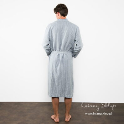 Lniany szlafrok męski szary w cienkie białe pionowe paski.