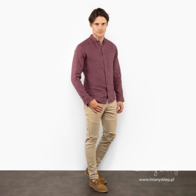 Lniana bordowa koszula męska. Lekki odcień fioletu.