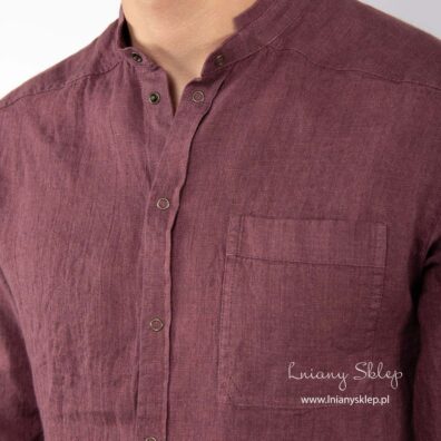 Lniana bordowa koszula męska. Zapięcie na napy.