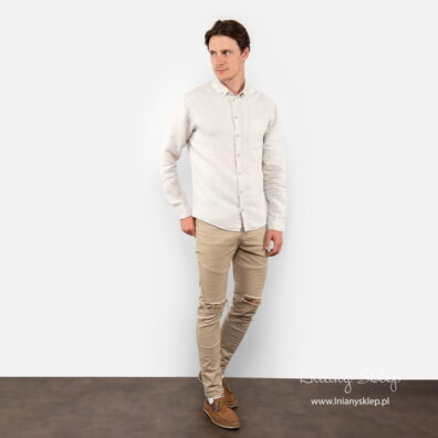 Lniana szara koszula męska wytkana we wzór niedużych rombów.