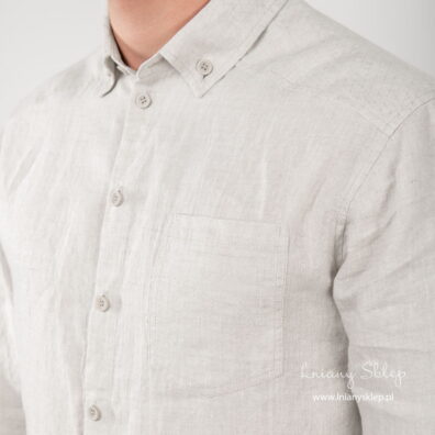 Lniana szara koszula męska. Zapięcie na guziki.