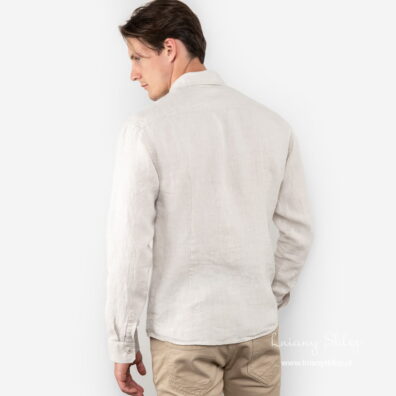 Lniana szara koszula męska. Zaszewki na plecach.