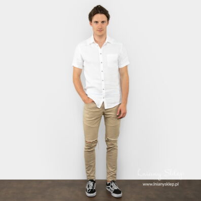 Śnieżnobiała lniana koszula męska. Krótki rękaw.