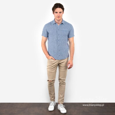 Lniana koszula męska w niebieską kratkę. Krótki rękaw.