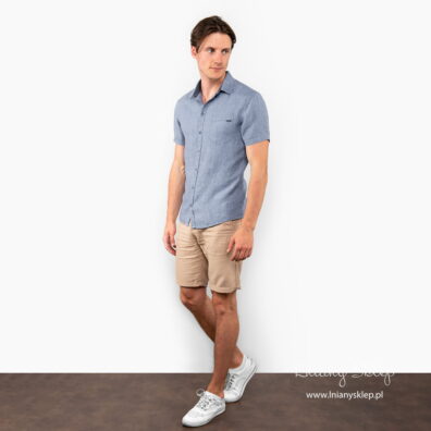 Lniana niebieska koszula męska. Krótki rękaw.