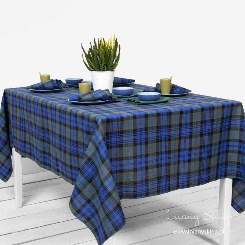 KARO lniano - bawełniany obrus w kratkę niebieską i zieloną.