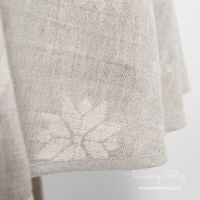 Lniano – bawełniany obrus okrągły (owalny) w gwiazdki. Szara lamówka 1 cm.