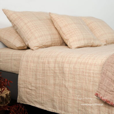 Piaskowa pościel lniana. Poszwa w krateczkę.