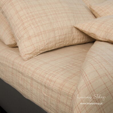 Piaskowa pościel lniana. Prześcieradło w krateczkę.