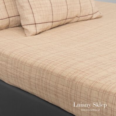 Piaskowa pościel lniana. Prześcieradło w krateczkę.