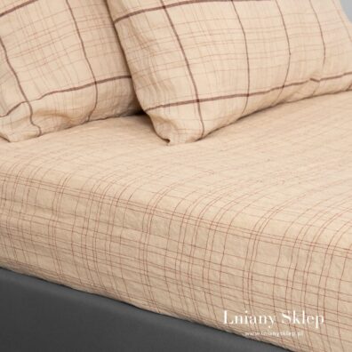 Piaskowa pościel lniana. Prześcieradło w krateczkę.