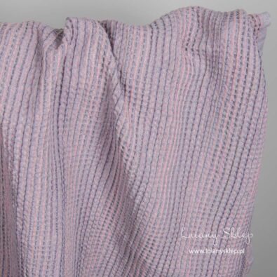 Lniano – bawełniana tkanina prana liliowa splot waflowy.