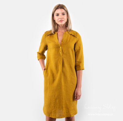 Lniana musztardowa sukienka „Ulryka”.