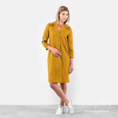 Lniana koszulowa musztardowa sukienka.