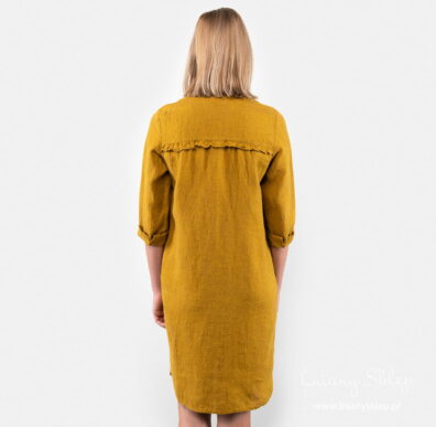 Żółta koszulowa sukienka z pranego lnu..