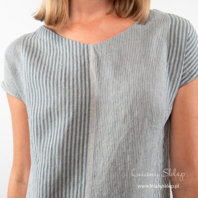 Lniana szara w paski sukienka.