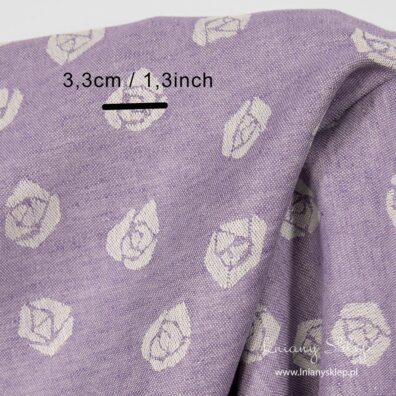 Tkanina len z bawełną liliowa w różyczki. Rozmiar wzoru.
