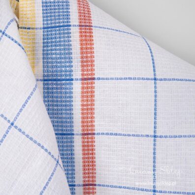 Biała waflowa tkanina ścierkowa w kratkę. Len z bawełną.