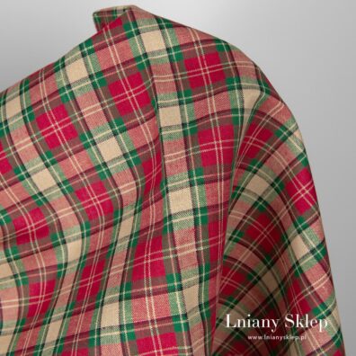 Tkanina len z bawełną w kratkę czerwoną, zieloną i piaskową.