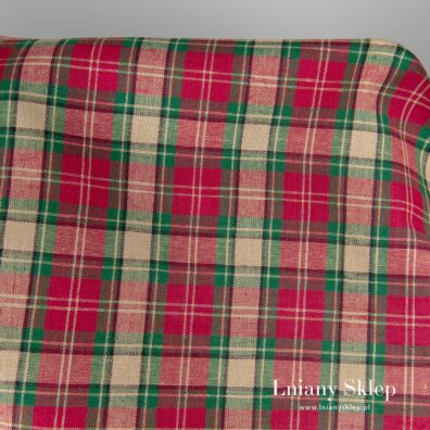 Tkanina len z bawełną w kratkę czerwoną została wytkana z czerwonej, piaskowej, zielonej i czarnej przędzy