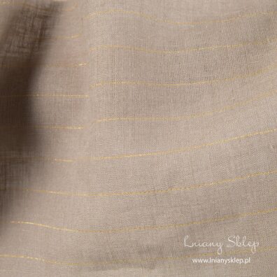 Szara tkanina lniana w złote poziomo biegnące paski.
