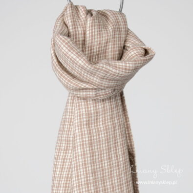 Szalik lniany z wełną w piaskową kratkę.