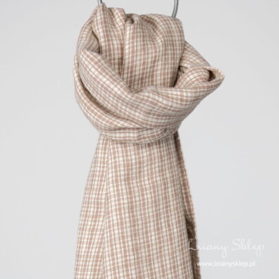 Szalik lniany z wełną w piaskową kratkę.