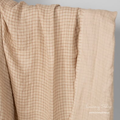 Len dwustronny, prany, piaskowy w krateczkę.