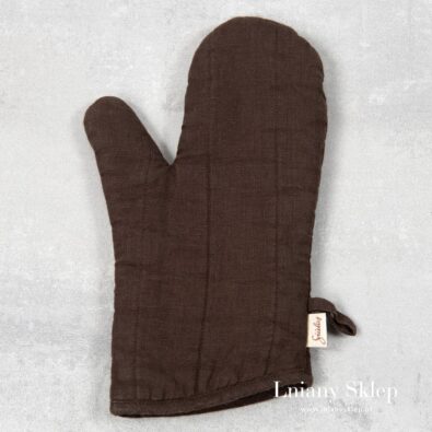 Brązowa lniana rękawica kuchenna.