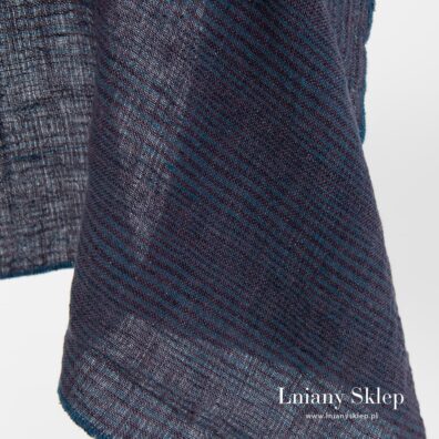 Fioletowo-granatowa tkanina lniana w poziome paski.