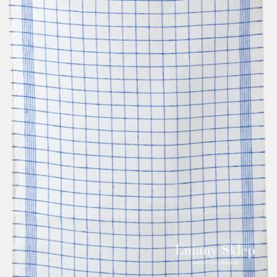 Biały waflowy len ścierkowy w niebieską kratkę.