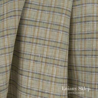 Tkanina w krateczkę zieloną, żółtą i białą.