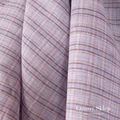 Tkanina lniana w fioletowe i białe okienka.