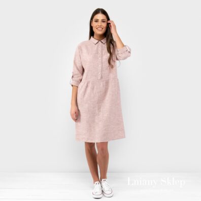 Różowa sukienka z pranej tkaniny lniano - bawełnianej.